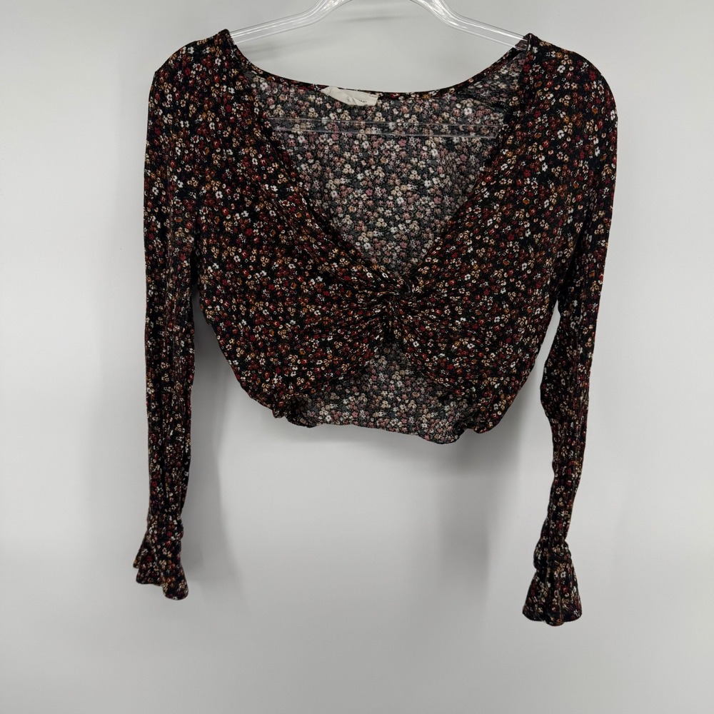 Molly Green Floral‎ Twist Front Crop Top Long Sleeve V-Neck Black Red Small